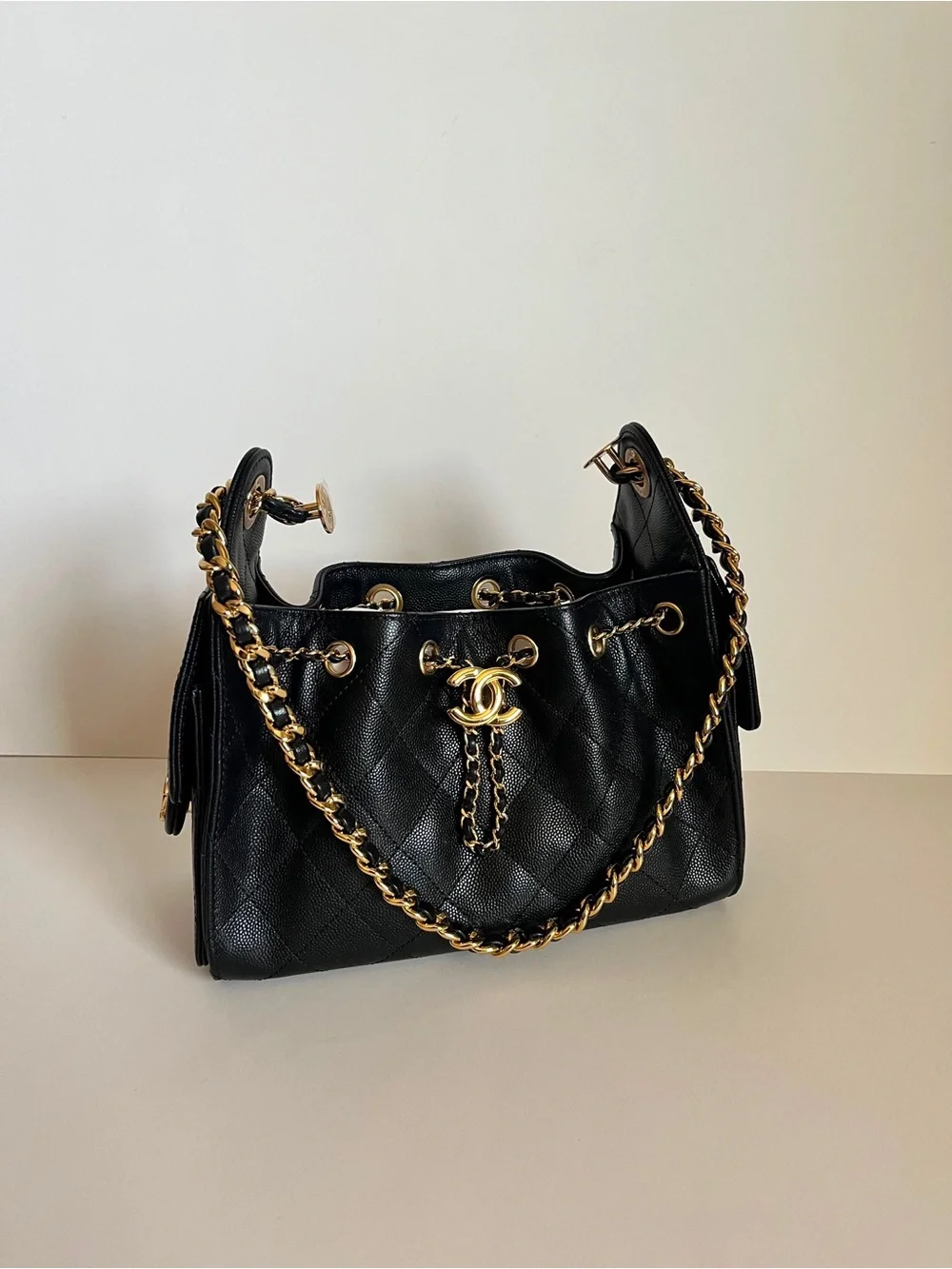 Chanel MINI 25 Black Quilted Leather Bucket Bag with Gold Chain